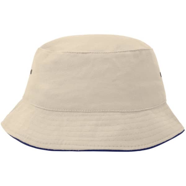 A beige bucket hat with a wide brim and a logo, ideal for outdoor activities.