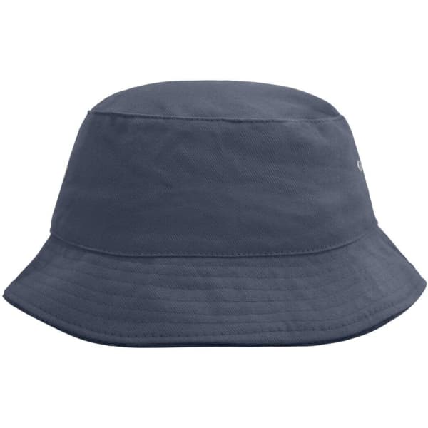 A navy blue bucket hat featuring a wide brim and a logo on the side.