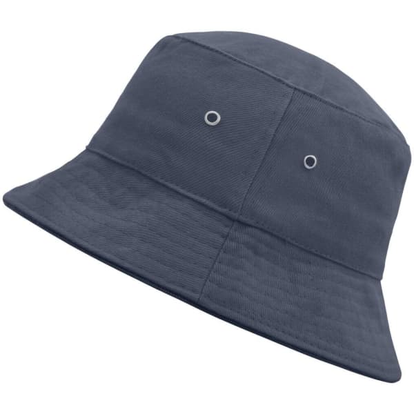 A navy blue fisherman piping hat with a rounded bucket design and eyelet vents. Features a brand logo.