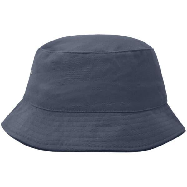 A navy blue fisherman piping hat with a wide brim and a logo on the side.
