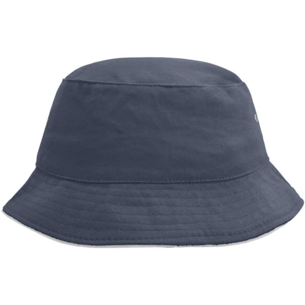 A navy blue bucket hat with a wide brim and a logo on the side. Ideal for outdoor activities.