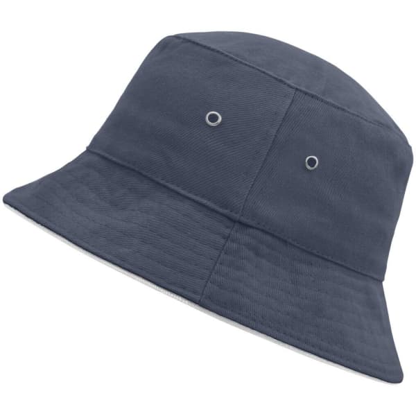 A navy blue fisherman piping hat with eyelets on the sides, featuring a simple bucket style design.