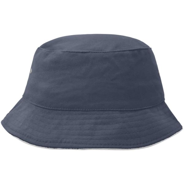 A navy blue bucket hat with a wide brim and a small logo.