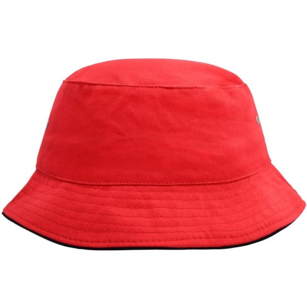 A bright red bucket hat with a wide brim and a logo. Ideal for outdoor wear or casual outings.