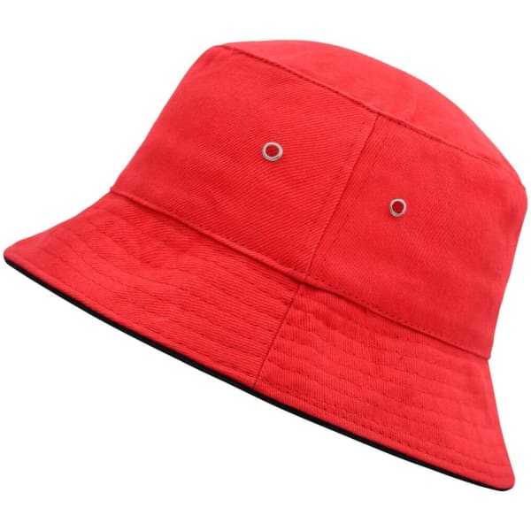 A red bucket hat with a textured finish and ventilation eyelets, featuring a subtle branding logo.