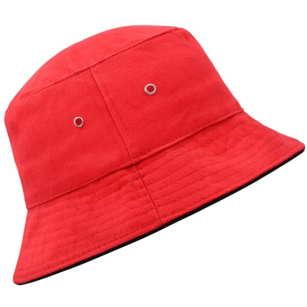 A red bucket hat featuring side ventilation holes and a contrasting black trim, with a logo.