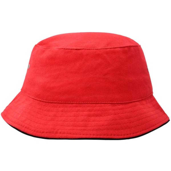 A red fisherman piping hat with a wide brim and a logo on the side.