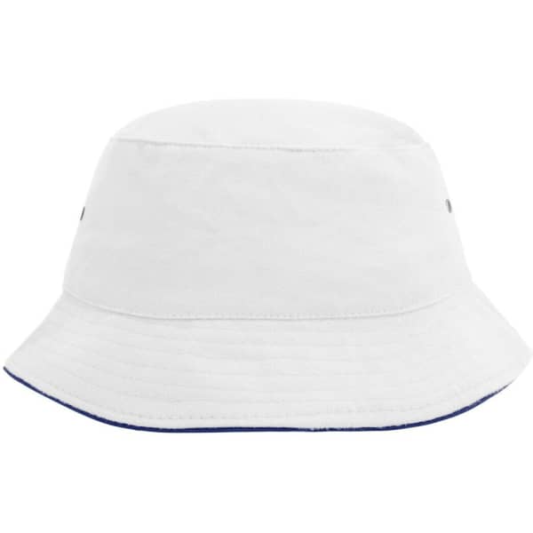 A white bucket hat with a navy blue rim and a logo on the side.