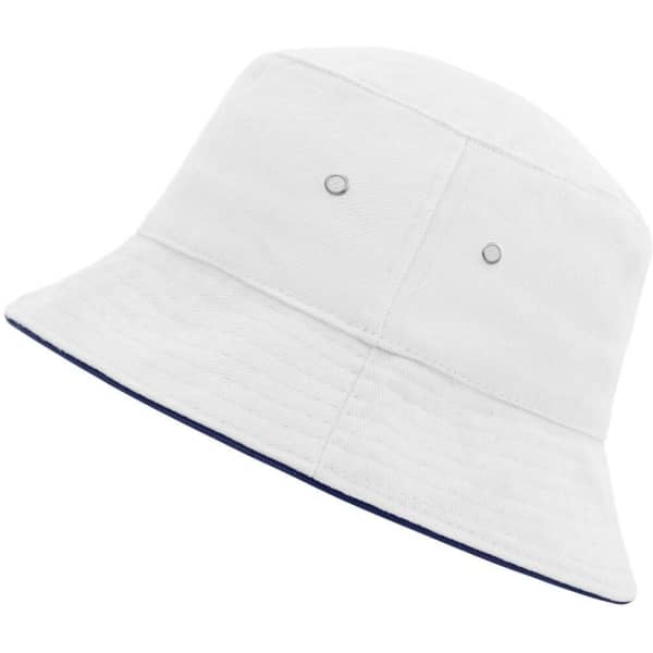 A white bucket hat with a navy trim and ventilation eyelets, featuring a logo on the side.