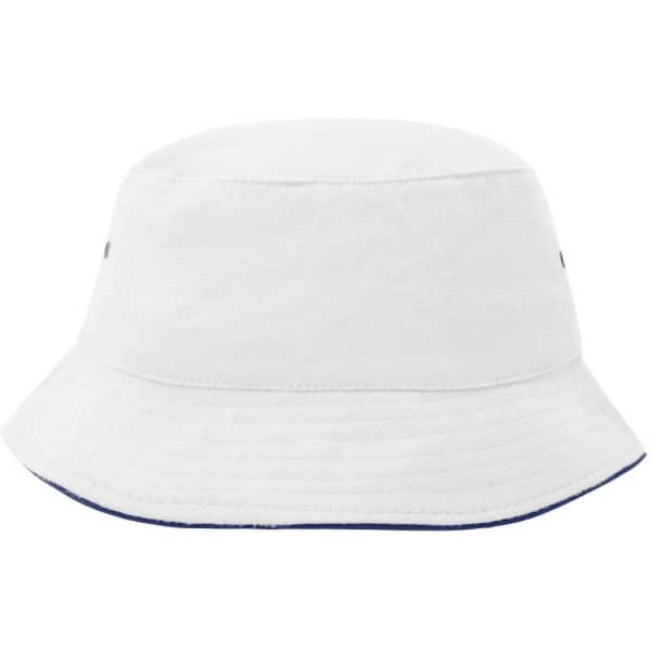 A white bucket hat with a navy underbrim and a branding logo on the side.