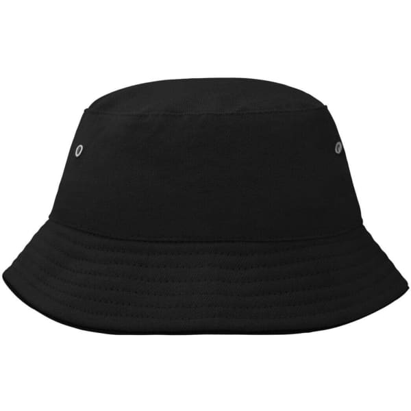 A black bucket hat with a smooth surface and eyelets on the sides, featuring a simple design.