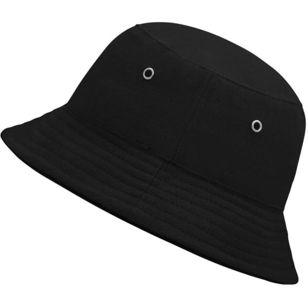 A black bucket hat with eyelets on the sides, made from durable fabric. Features a wide brim.