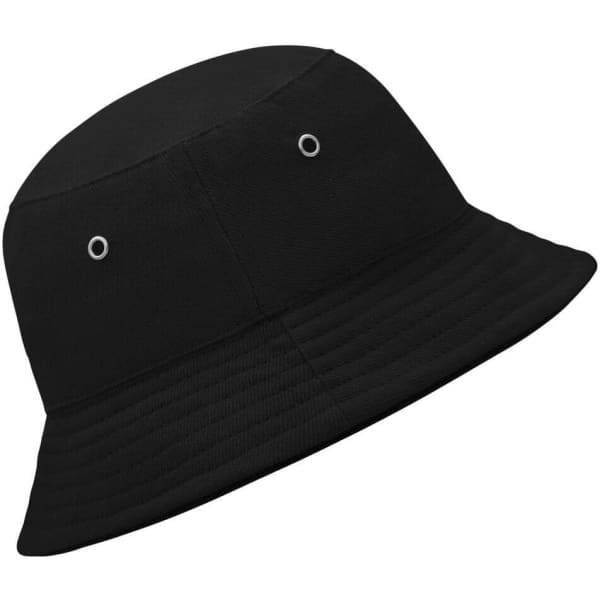 A black bucket hat with eyelets, featuring a rounded top and a wide brim. 
