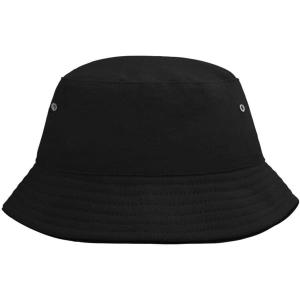 A black bucket hat with a round crown and a wide brim, featuring metal eyelets for ventilation.