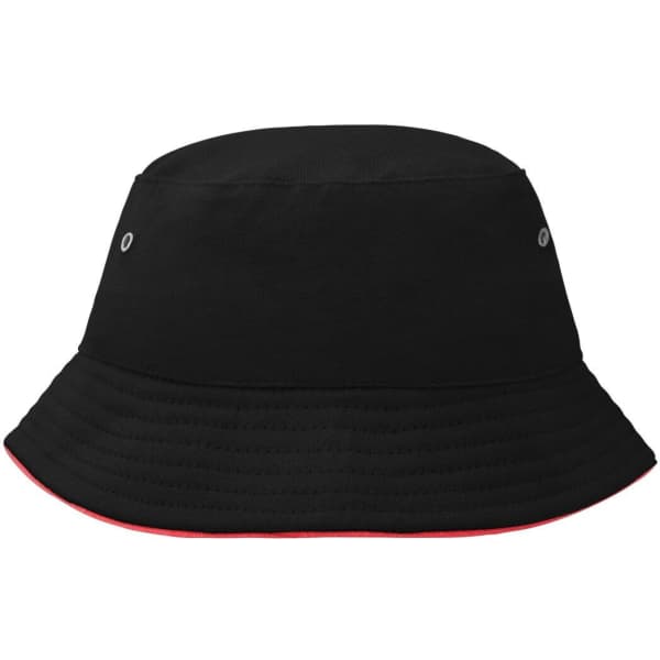 A black bucket hat with a red underside and silver eyelets, featuring a logo on the side.