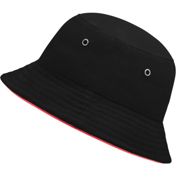 A black bucket hat with a red underside and eyelets, featuring a branding logo. Perfect for headwear enthusiasts.