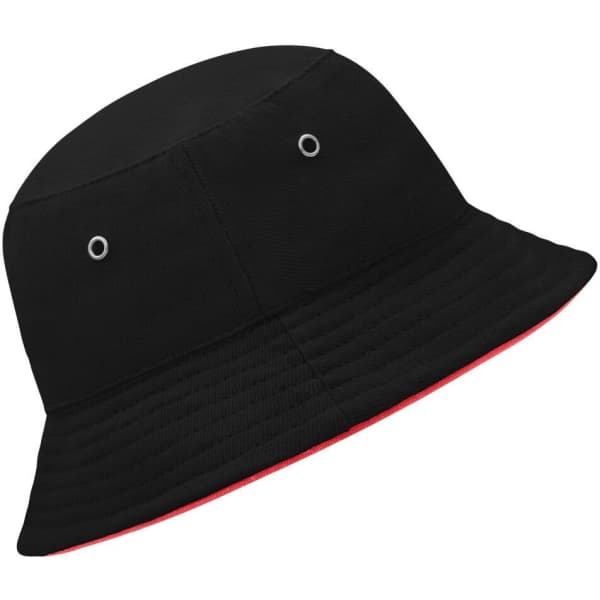 A black bucket hat with a red rim and eyelet vents. It features a logo on the band.