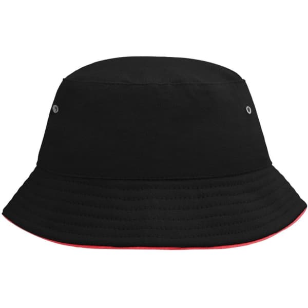 A black bucket hat with a red trim and metal eyelets, featuring a logo.