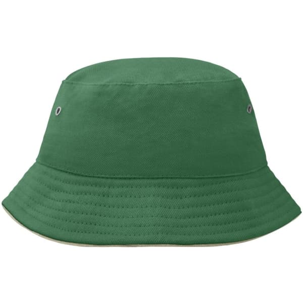 A green bucket hat featuring a classic design and eyelet details. It also has a logo on the side.