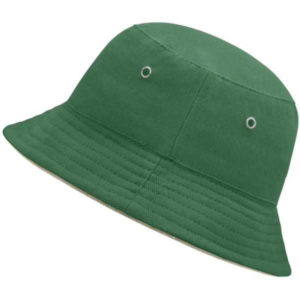 A green bucket hat with a wide brim and two metal eyelets for ventilation, featuring a simple design.
