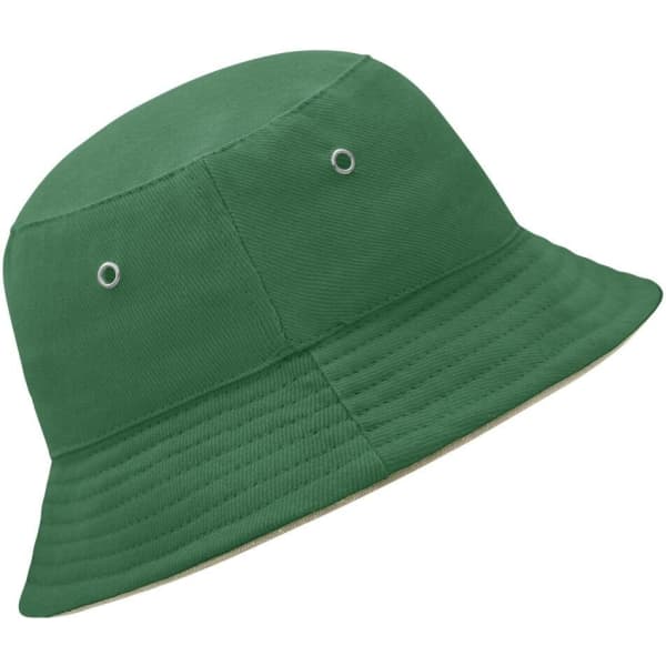 A green bucket hat with ventilation eyelets and a textured brim. Features a logo on the side.