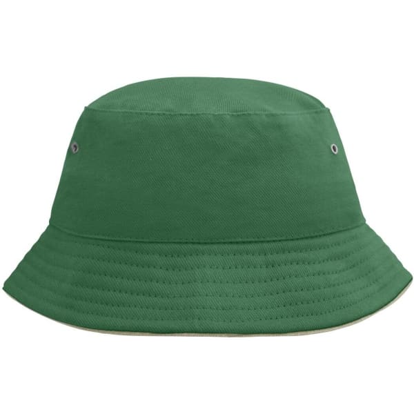 A green bucket hat with a wide brim, featuring ventilation eyelets and a simple design.