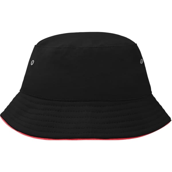 A black bucket hat with a red trim, featuring ventilation eyelets and a branded logo.