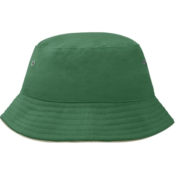 A green bucket hat featuring a simple design and small ventilation holes. It has a logo on the side.