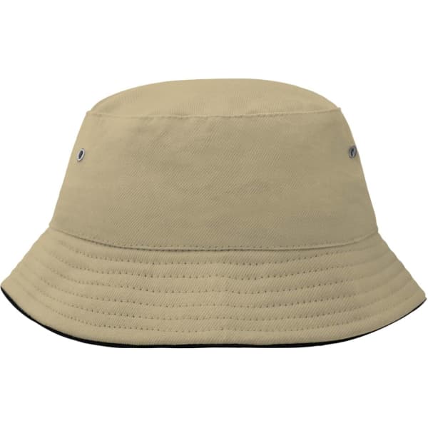 A beige bucket hat with a wide brim, featuring eyelets for ventilation and a simple design.