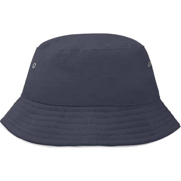 A dark blue bucket hat featuring a round crown and a wide, flat brim. Includes eyelets on the sides.