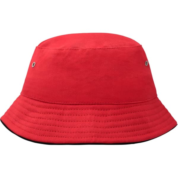 A bright red bucket hat featuring a wide brim and small ventilation eyelets. It has a simple design with no visible logos.