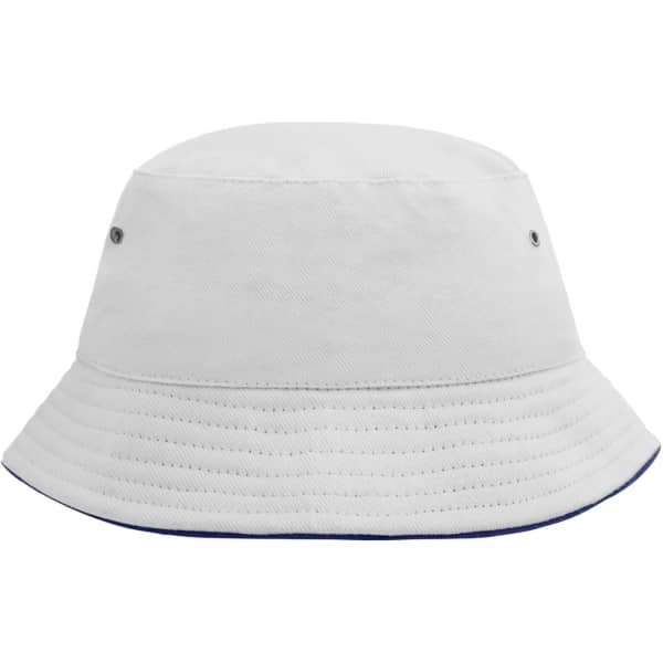 A white bucket hat featuring a structured brim and ventilation eyelets, with a contrasting navy trim.