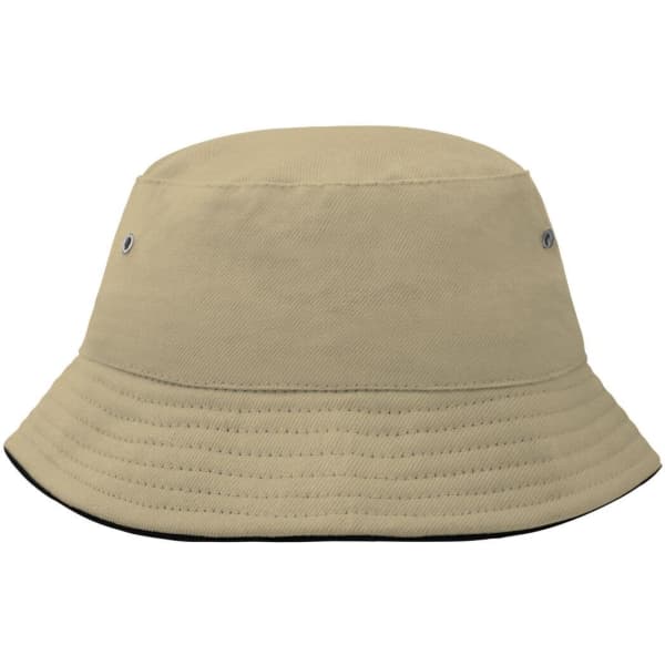 A beige kids' fisherman piping hat with a wide brim and eyelet vents. Features a logo on the side.