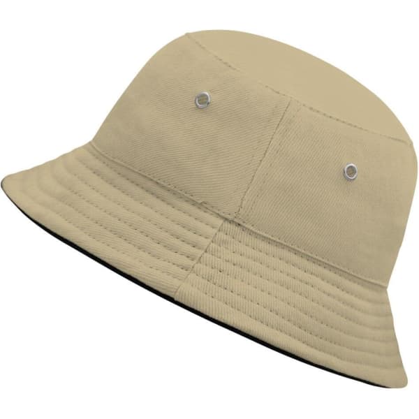 A Kids Fisherman Piping Hat in beige with a black trim and ventilation eyelets. Features a logo on the side.