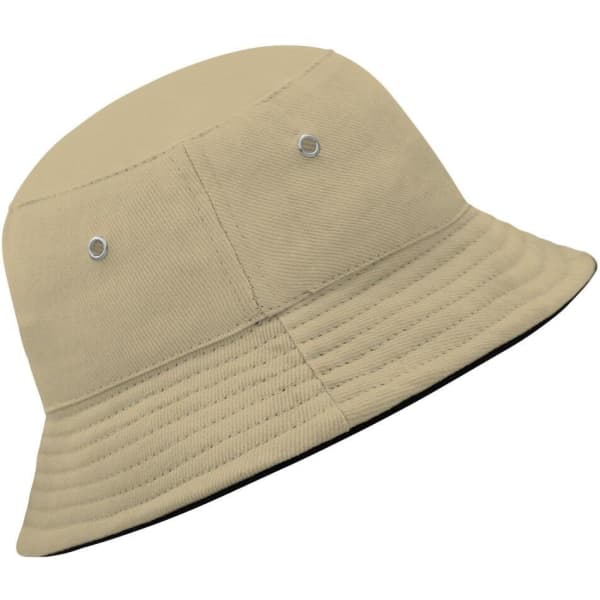 A beige bucket hat with a textured design and eyelets for ventilation, featuring a black underside.