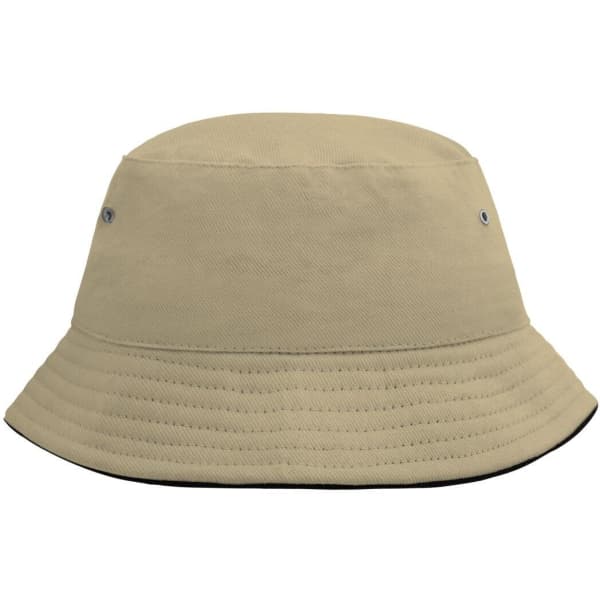 A beige bucket hat with a wide brim and ventilation holes. Features a subtle logo on the side.