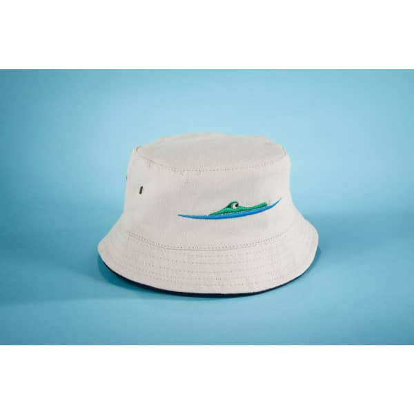A white bucket hat featuring green and blue wave embroidery and a logo on the side.