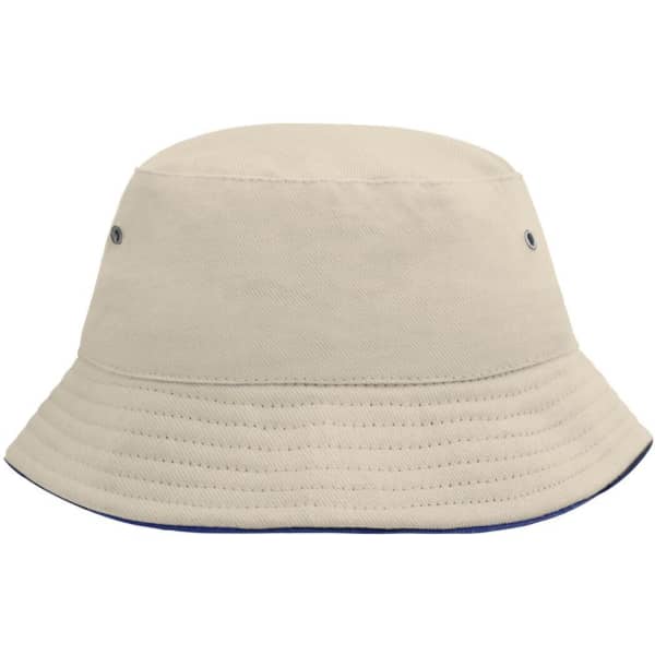 A beige bucket hat with a wide brim and small ventilation holes, featuring a contrasting navy edge.