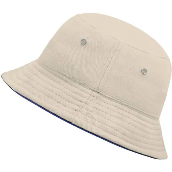 A Kids Fisherman Piping Hat in cream, featuring a bucket style with a contrasting blue edge and ventilation eyelets.