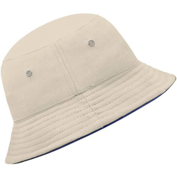 A beige bucket hat featuring a ribbed design and metal ventilation eyelets. The hat has a contrasting inner colour.