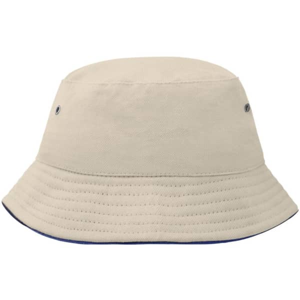 A cream bucket hat with a wide brim, featuring two ventilation eyelets and a subtle logo.