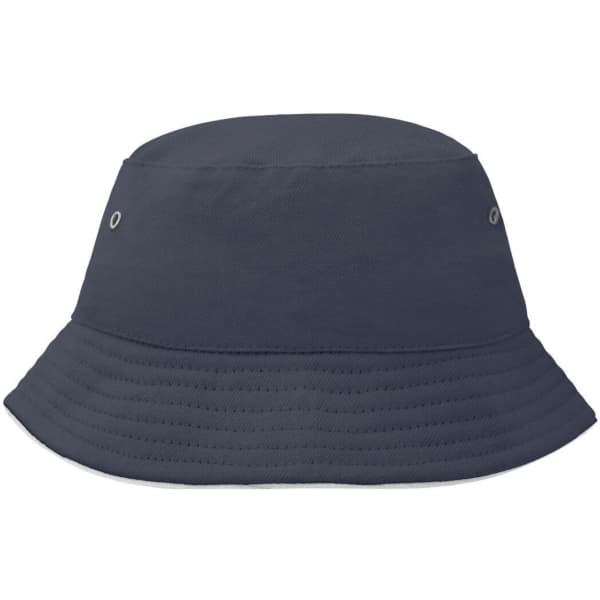 A navy blue bucket hat with a wide brim and eyelets on the sides, featuring a logo.