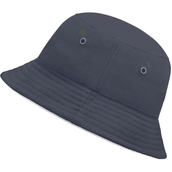 A dark navy bucket hat with a ribbed texture and ventilation eyelets, featuring a logo on the side.
