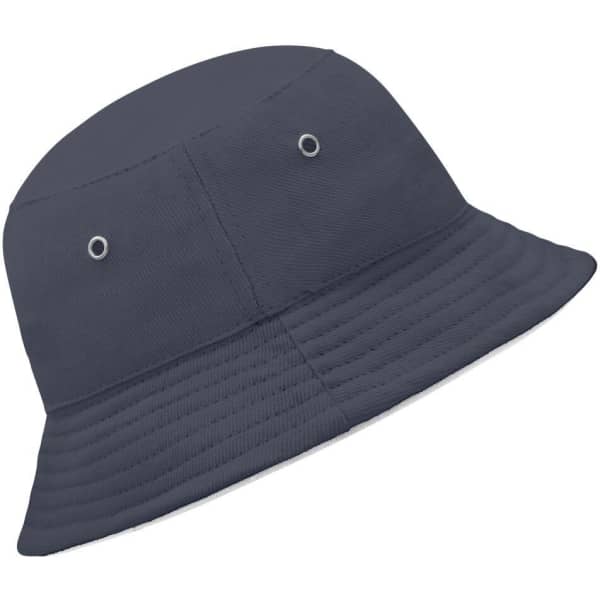 A navy blue fisherman piping hat with a bucket style and eyelets for ventilation. Features a logo.