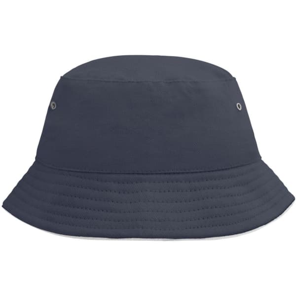 A navy blue bucket hat featuring a wide brim and ventilation eyelets, with branding visible.