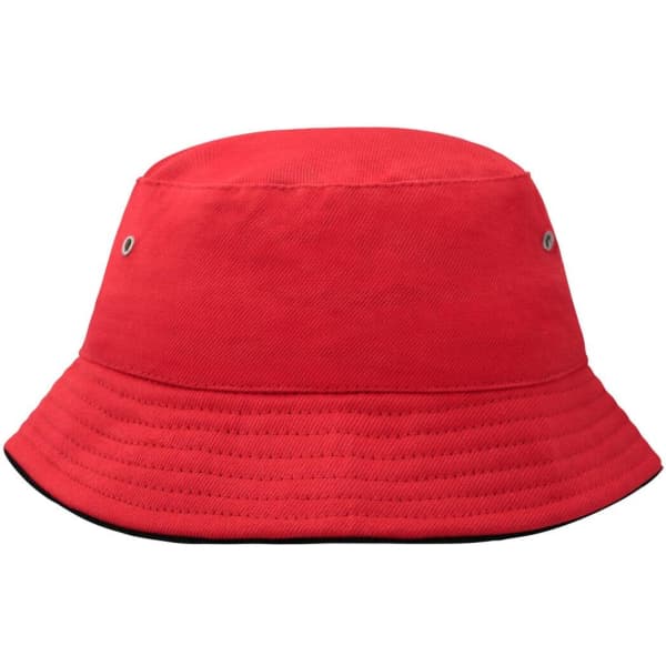 A red fisherman piping hat with a wide brim and eyelets, featuring a simple design and a solid colour.