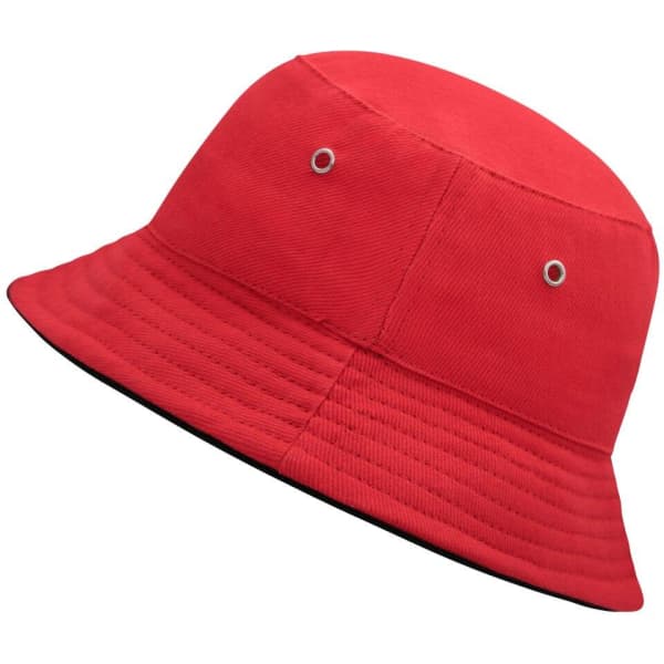 A red bucket hat with a textured design and ventilation eyelets, featuring a branding logo.
