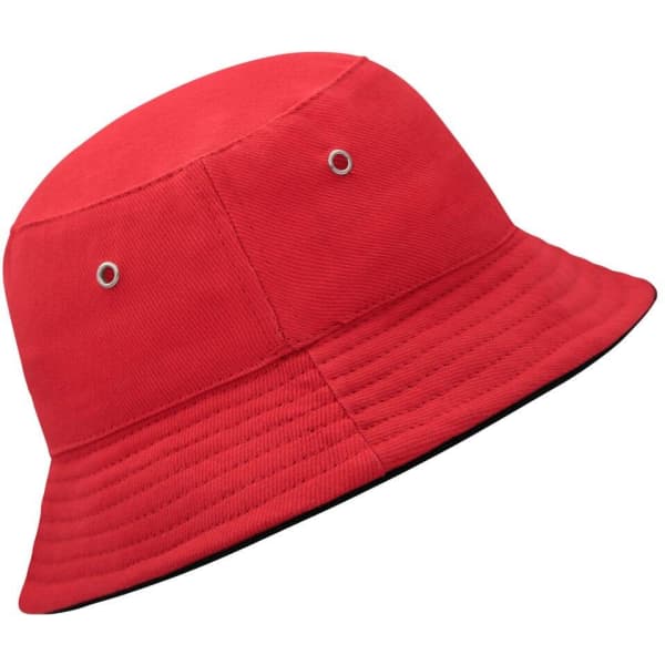A red bucket hat with a textured design and metal eyelets for ventilation. It features a black underside.