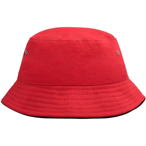A red bucket hat with a wide brim and a black underside, featuring ventilation eyelets and a logo.