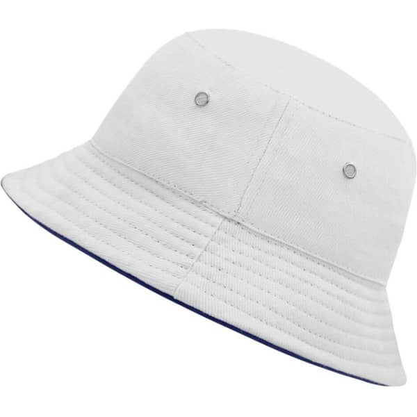 A white bucket hat with a navy blue brim and silver eyelets for ventilation. It features a logo on the side.